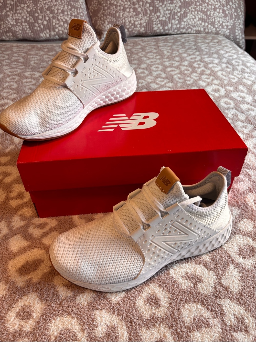 New Balance Kids White Slip-On Knit Sneakers with Tan Accent